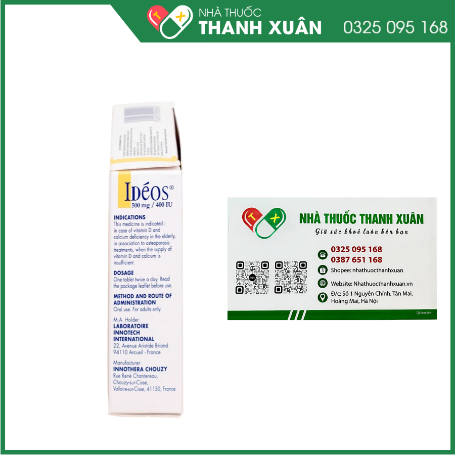 Idéos 500 mg/ 400 IU bổ sung vitamin D và Calci, điều trị bệnh loãng xương
